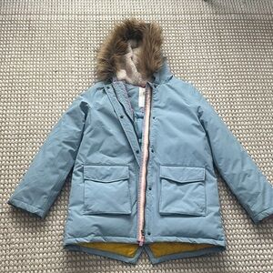 Mini Boden Light Blue Puffer Coat with Faux Fur Trim